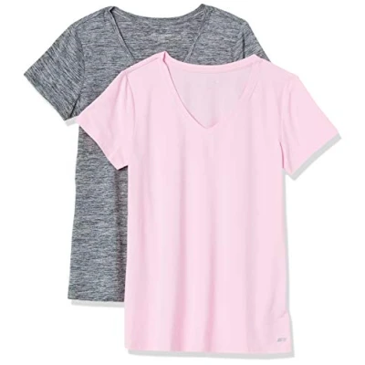 Imagen de Amazon Essentials Camiseta técnica elástica de Manga Corta y Cuello en Pico (Disponible Tallas Grandes) Mujer, Pack 2, Gris Teñido Multicolor/Rosa Claro, XS