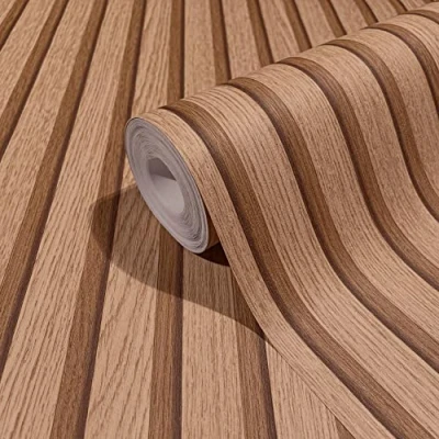 Imagen de Papel pintado marrón efecto tablas de madera 3D para dormitorio o salón fabricado en Alemania 10,05 x 0,53m
