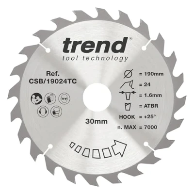Imagen de Trend CraftPro Hoja de sierra TCT para corte fino, 190 mm x 24 dientes 30 diámetro interior, punta carburo tungsteno, CSB/19024TC