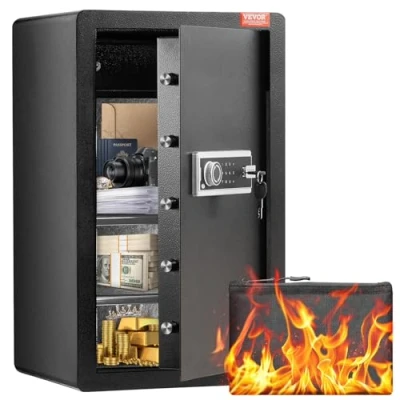 Imagen de VEVOR Caja Fuerte de 113,27 L con Una Puerta, Cerradura Llave, Contraseña, Bolsa Ignífuga, Estante para Llaves, Luz LED y 2 Divisores Dinero, Documentos, Joyas Objetos Valor, Negro