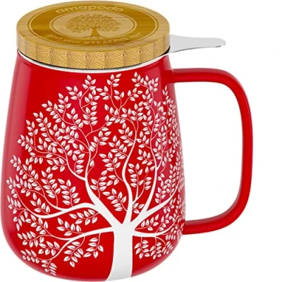 Imagen de amapodo Taza de Té con Tapa y Colador Porcelana grande 600ml Jumbo Juego Tazas XXL Rojo sin plástico