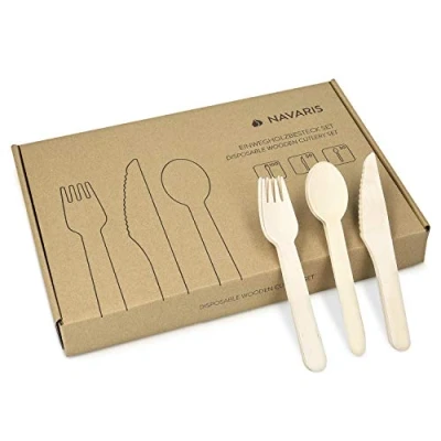 Imagen de Navaris Set de 200 cubiertos madera reutilizables 100x Tenedor 50x Cuchillo y Cuchara Cubertería biodegradable