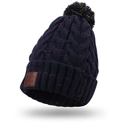 Imagen de August Gorro Bluetooth Mujer Hombre Azul Pompón EPA30 Beanie Telefono 5.0 Auriculares Punto Invierno Altavoz Inalámbrico Running Deportivo Diadema música Lavable Marino