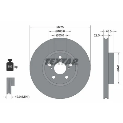Imagen de TEXTAR 92199300 Disco de freno 275 22 05/07 100 ventilación interna sin perno sujeción rueda, buje rueda TOYOTA: Corolla X Berlina