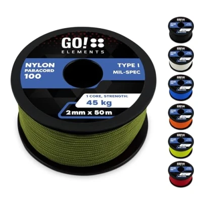 Imagen de GO!elements 50m Cuerda Paracord 2mm de Nylon A Prueba desgarros Supervivencia 100 Tipo I y con Capacidad Carga hasta 45kg, Coleur: Aceituna