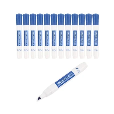 Imagen de Amazon Basics Rotuladores de punta biselada, borrado en seco y poco olor para pizarra blanca, azul, 12 unidades