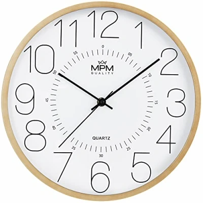 Imagen de MPM Quality Reloj de Pared imitación Madera, Marco plástico con Efecto Madera Clara, Movimiento Cuarzo, Drenaje Suave, diámetro 300 x 42 mm, decoración Pared, Estilo Moderno,