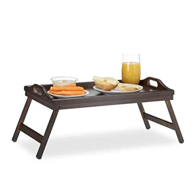 Imagen de Relaxdays Set 2 Bandeja Cama con Asas y Patas Plegables, Borde Alto, Desayuno, Sofá. Madera, 22 x 61,5 30 cm, Marrón Oscuro