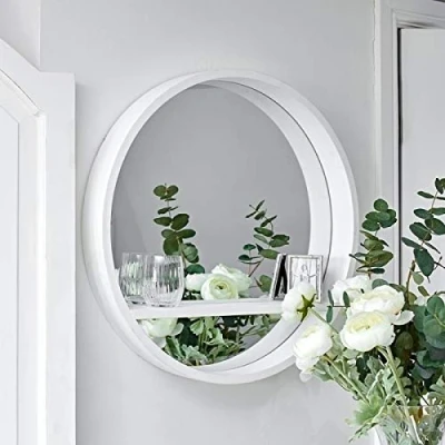 Imagen de HomeZone® Estantería de Pared Flotante Retro Madera Blanca con Espejo Redondo Ojo Buey para Interior salón Estantes baño, Dormitorio