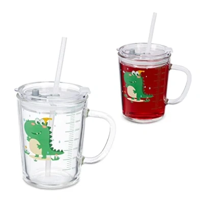 Imagen de Relaxdays Set de 2 Vasos Infantiles, Diseño Dinosaurio, Jarrita Agua Niños, con Asa, Tapa y Pajita, 400 ml, Transparente