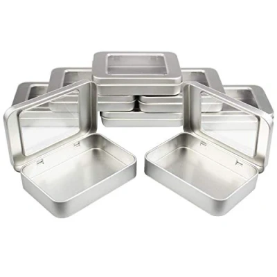 Imagen de Goodma 8 Piezas Rectangular de Metal Latas con bisagras vacías Contenedores Almacenamiento en el hogar Organizador Mini Caja Tapa Transparente, 10 x 7 2 cm (Plateado)