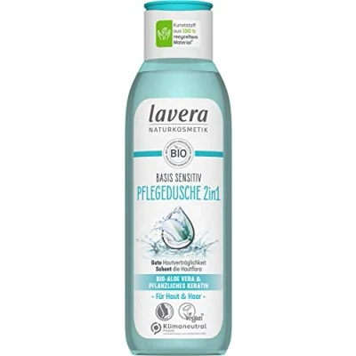 Imagen de lavera gel de ducha base sensible 2 en 1 Champú y con aloe vera orgánico queratina vegetal, limpieza suave respetuosa la piel, aroma fresco, cosmética natural, vegano,