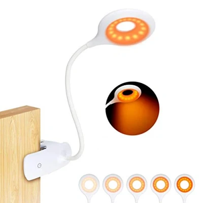 Imagen de luz de lectura con clip, libro ámbar recargable 16 LED, abrazadera escritorio 5 brillos, lámpara regulable control táctil cuello flexible, nocturna