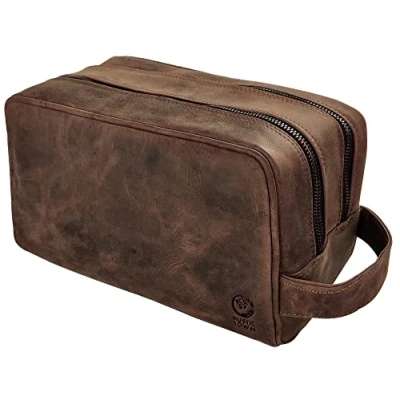 Imagen de Neceser de Viaje Hecho a Mano Cuero Genuino Kit Afeitado y Bolso Maquillaje Regalo para Hombres Mujeres por Rustic Town (Marrón)