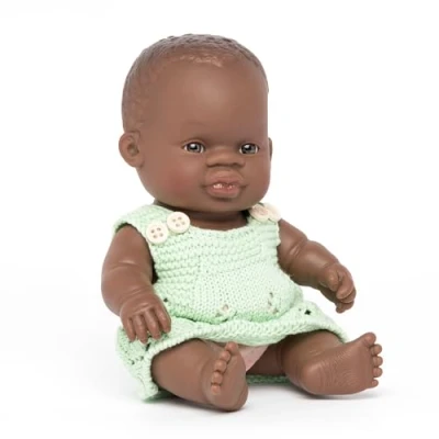 Imagen de Miniland Dolls Muñeca bebé de 21cm Origen Africano, Fabricada en España Forma Tradicional, con Vestido Verde.