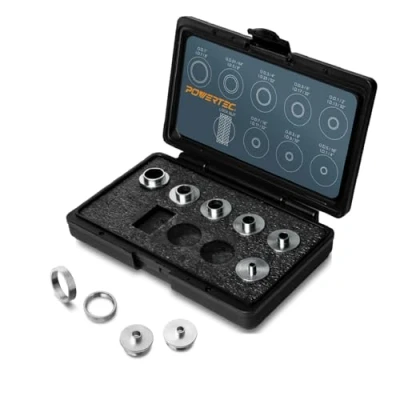 Imagen de POWERTEC 71051 Juego de guías plantillas enrutador 10 latón macizo con funda transporte moldeada