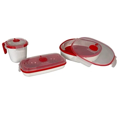 Imagen de Snips Juego de 3 recipientes cocina para microondas Vaporizador 2 LT Olla huevos y tortillas Tazas Blanco rojo 100% fabricado en Italia 0% BPA