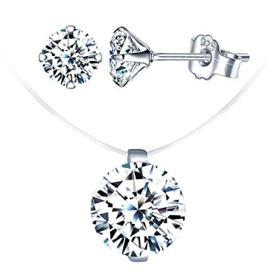 Imagen de pendientes de mujer Conjuntos joyas diamantes, collar gargantilla con hilo pescar invisible, para mujer, en plata 925