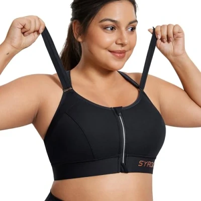 Imagen de SYROKAN Sujetador Deportivo para Alto Impacto Cremallera Frontal Correas Ajustables sin Aros Mujer Negro 90F
