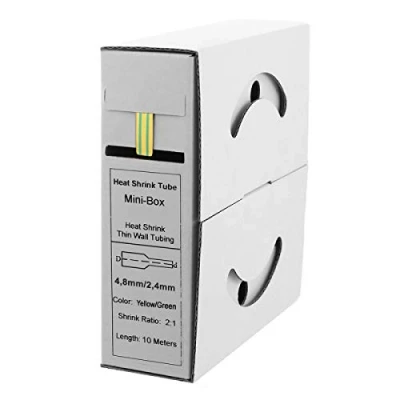Imagen de Offgridtec Tubo termorretráctil de 10 m, 4,8 mm &gt;2,4 mm, color amarillo/verde, caja dispensadora para taller 2:1