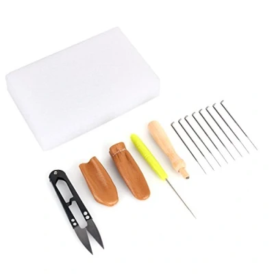 Imagen de Akozon Juego de Bordado Needle Felting Craft Kit Set Herramientas fieltro lana 8 Agujas + Mango madera Awl Foam Pad 2 Leather Cots artesanía tijera