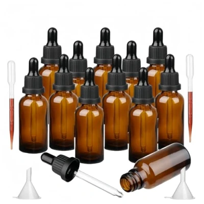 Imagen de Bakiauli Botellas de vidrio para aceites esenciales,12 pzs Botella vacía recargable 30 ml con gotero y tapas puede usar en líquidos aceite esencial