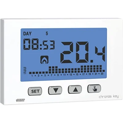 Imagen de VEMER VE727400 Termostato de Ambiente Pared para Calefacción y Aire Acondicionado, Pantalla LCD, Teclado 4 Teclas, Programación Semanal, Alimentación 230V, Blanco