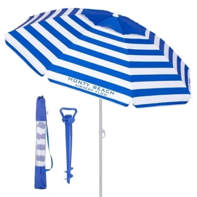 Imagen de sombrilla Playa 220 cm y Soporte Arena, protección UV+50, antiviento, Varillas Flexibles Fibra,Techo ventilación, mástil inclinable Regulable Altura, Bolsa Transporte (Azul blanco)