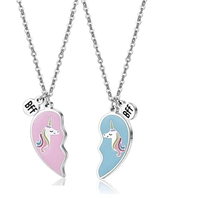 Imagen de Hudiepan Corazón Con Diseño de Unicorni Collar, Collar Unicornio, Mejor Amigo para 2, Amistad, Colgante Juego 2 Collares Amigos