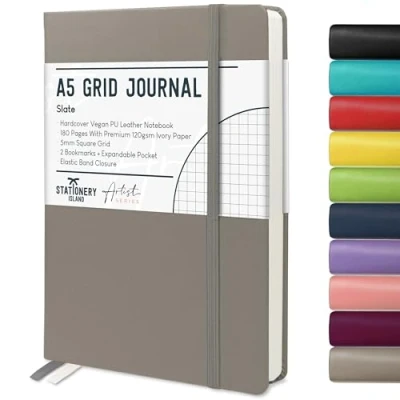 Imagen de Stationery Island Cuaderno Cuadriculado A5, Tapa Dura de Papel Libreta con Grueso Premium 120 g/m², Cuadrícula 180 Páginas Para Estudiar, Gris