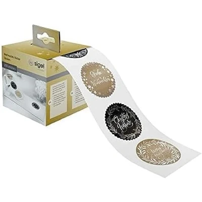 Imagen de SIGEL CS120 Rollo de 200 stickers navideños adhesivos, &quot;Christmas Lettering&quot;, negro/oro