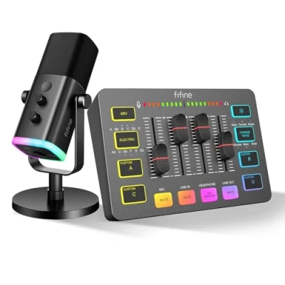 Imagen de FIFINE XLR Streaming Micrófono Dinámico de Podcast, Mezclador Audio, RGB Gaming Audio Mixer PC con Interfaz (AM8 + SC3)