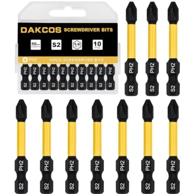 Imagen de DAKCOS PH2 Bit largo, Torx PH2, surtido de puntas S2, punta atornillado 1/4 vástago hexagonal (longitud 50 mm, 10 piezas)