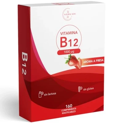 Imagen de Vitamina B12 1000 mcg de alta absorción Vitaminas para el cansancio sabor fresa 160 comprimidos masticables b vegana ideal contra Energía física y mental