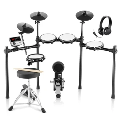 Imagen de VEVOR 32 PCS Kit de Batería Electrónica 480 Sonidos Eléctrica 20,32 cm con Silla, Caja Malla Compatible USB MIDI, 3 Platillos 25,4 cm, Baquetas y Auriculares para Principiantes
