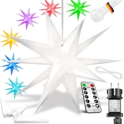 Imagen de KESSER® Estrella luminosa 3D 45 cm, de Navidad LED con temporizador para interior y exterior, Adviento colgante iluminada + luz blanca cálida