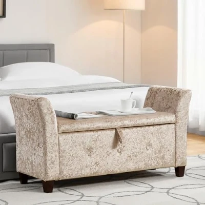 Imagen de Vida Designs Seville Otomana de Almacenamiento, baúl Tela con Tapa, Asiento, Taburete, Banco Ventana, baúl, Caja Almacenamiento Juguetes, Puff, reposapiés, Terciopelo champán