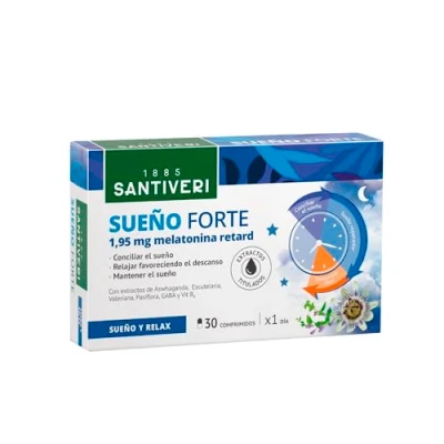 Imagen de SANTIVERI Sueño Forte, Complemento Alimenticio con 1,95mg de Melatonina, GABA, Valeriana, Pasiflora, Ashwagandha, Vitaminas B6, D3 y Zinc, Ayuda a Conciliar Mantener el 30 Comprimidos