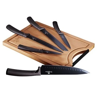 Imagen de Berlinger Haus Carbon Pro Juego 5 Cuchillos Cocina Profesional Tabla Cortar Bambú Hoja Acero Inoxidable Recubrimiento Antiadherente Cocinero, Cebollero, Rebanador Pelar Diseño Metallic Line (BH 2567)
