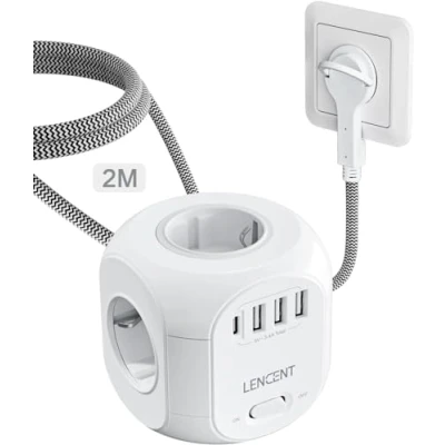 Imagen de LENCENT Cubo Regleta Enchufes 2M con Enchufe Plano para Uso Interior, 4 Tomas de CA, 3 USB y 1 Tipo C Familia, Cocina Oficina
