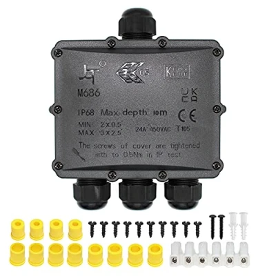 Imagen de HUYU caja de conexiones impermeable IP68, conectores cable 4 vías para exteriores con cables M25, eléctrica 14 mm diámetro, color negro