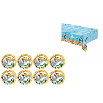 Imagen de ALMACENESADAN, 4865, Pack Frozen Olaf compuesto por 8 platos de cartón 23cm y mantel 120x180 cm, ideal para fiestas cumpleaños (8435510348656)