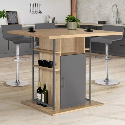 Imagen de IDMarket Ilot Central UGO 110 cm Madera Gris e Imitación Haya con Almacenamiento Diseño Industrial