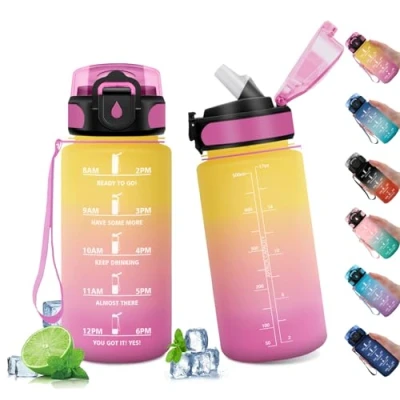 Imagen de Botella Agua Deportiva 500ml, con Pajita, Motivacional Tapa, Reutilizable Marcador de Tiempo, Cantimplora para Niño, Gimnasio, Cámping, Gym, Bicicleta, Sport