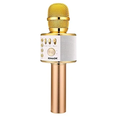 Imagen de BONAOK Micrófono Inalámbrico de Karaoke Bluetooth, 3 en 1 Portátil Mic Regalo Cumpleaños Equipo Altavoces para Ffiestas el Hogar iPhone/Android/iPad (Dorado Claro)