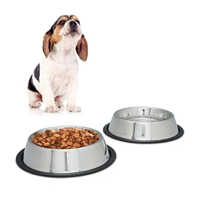 Imagen de Relaxdays Set 2 Comederos Perro, Cuenco Agua, Comida, Antideslizante, Bebedero Acero Inoxidable Talla M, 0,5 L, Plateado