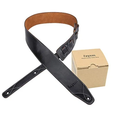 Imagen de Rayzm Correa de guitarra o bajo con forro terciopelo, piel auténtica para guitarras electricas acusticas y bajos. 6,5cm ancho, longitud ajustable entre 108 cm 140