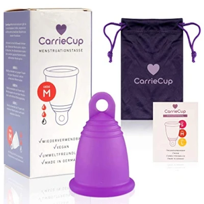 Imagen de CarrieCup Copa menstrual mediana, fabricada en Alemania, incluye bolsa, sin BPA, alternativa a tampones y compresas, silicona, color lila