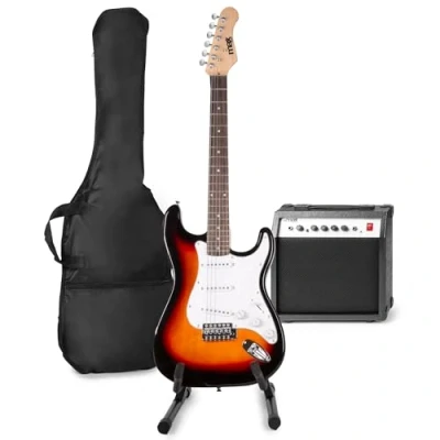 Imagen de MAX GigKit kit de guitarra eléctrica, amplificador 40W, soporte guitarra, funda afinador cable instrumento, correa y accesorios Sunburst