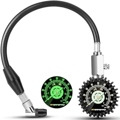 Imagen de Manometro Presion Neumaticos 7 bar/100 psi que brilla en la oscuridad, ATsafepro 2.5&quot; Medidor mecánico neumáticos con manguera flexible para automóviles, camiones, bicicletas